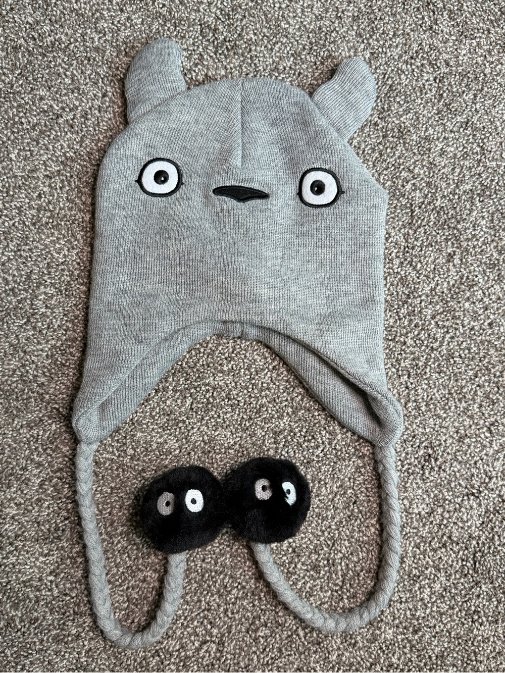 My Neighbor Totoro Gray Knit Earflap Hat Soot Sprite Pom Poms OS